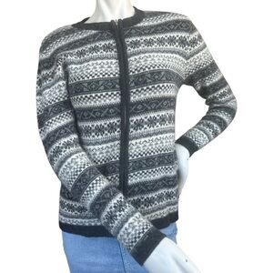 Vintage SKYR Gray & White Fair Isle 100% Lambswool Zip Up Cardigan Size Medium